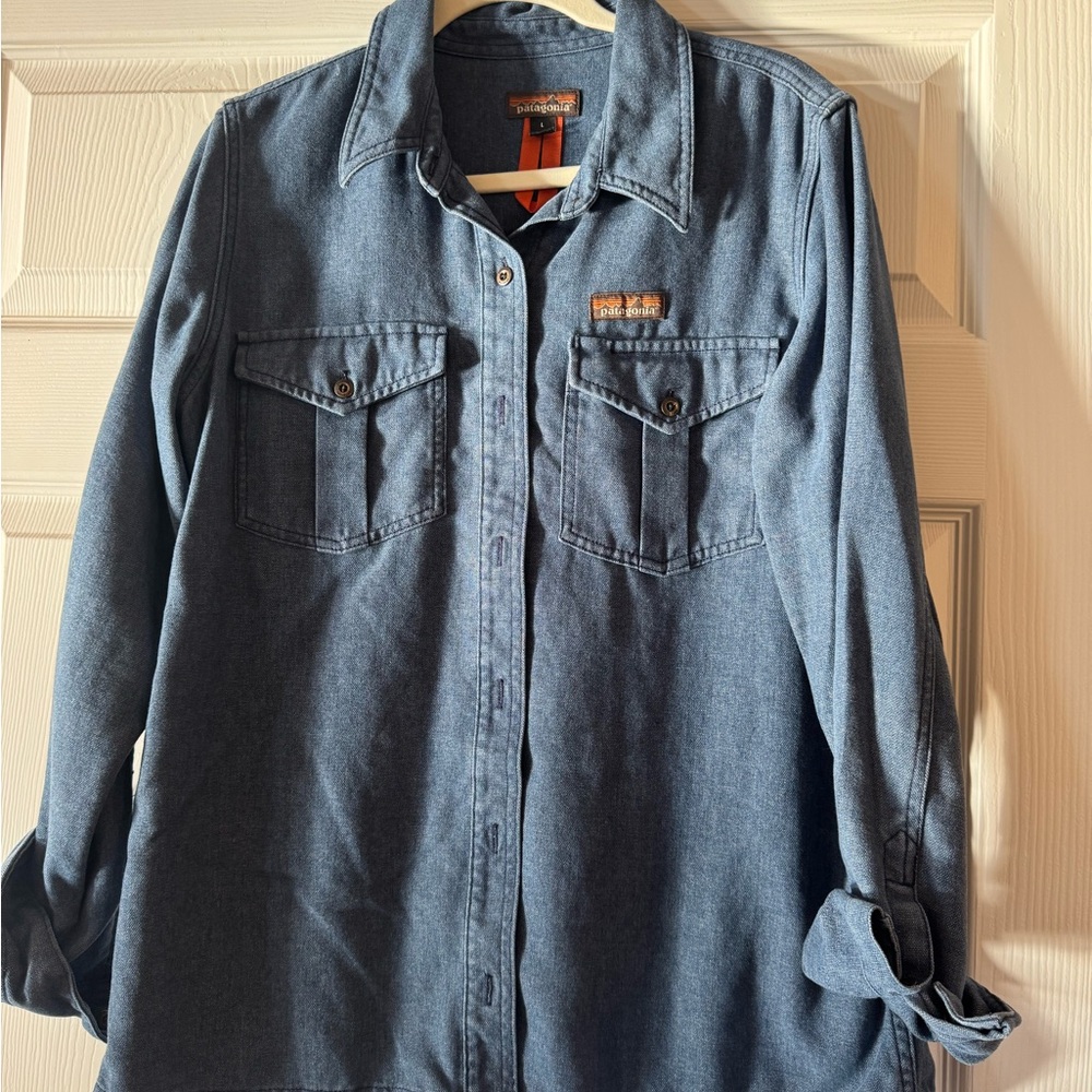 Patagonia Blue Hemp Work Shirt with Orange label